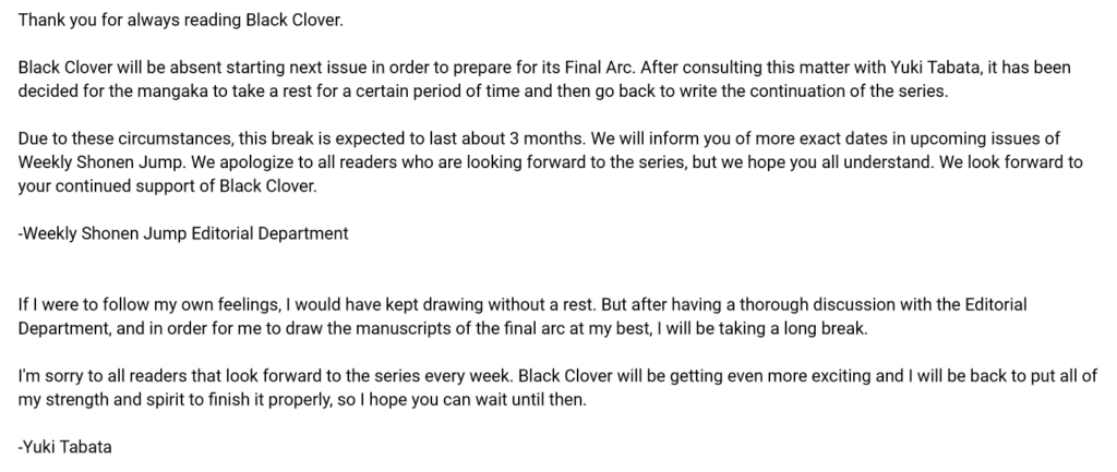 A note released on Black Clover manga break from WSJ Editorial Apartment and Author Yuki Tabata